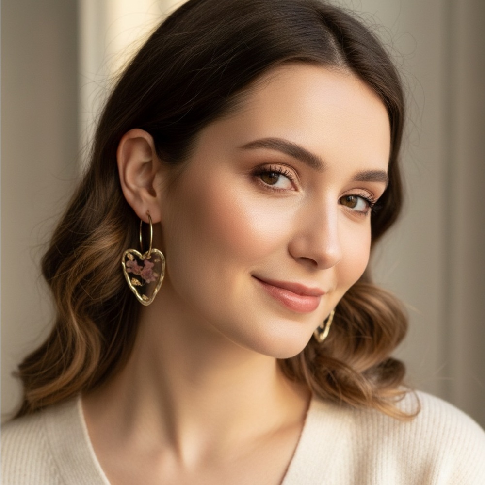 Gold and Pink Floral Heart Earrings - Picture 4 of 4